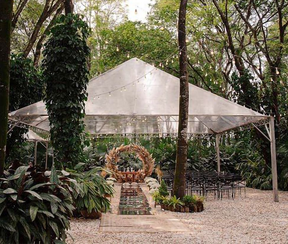 Tenda Cristal transparente montada entre árvores